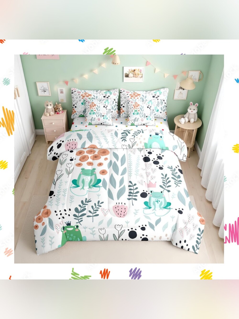 Colorful Kids 7 Piece Twin Bedding Set - Frog & Floral Print/Star Sheets NEW